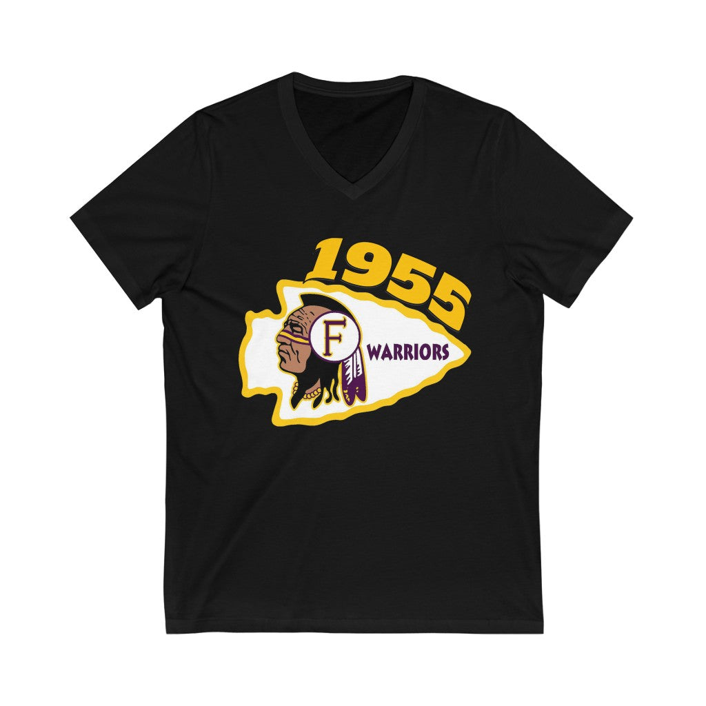 1955 Fresno High Warriors Top Side - Unisex Jersey Short Sleeve V-Neck Tee