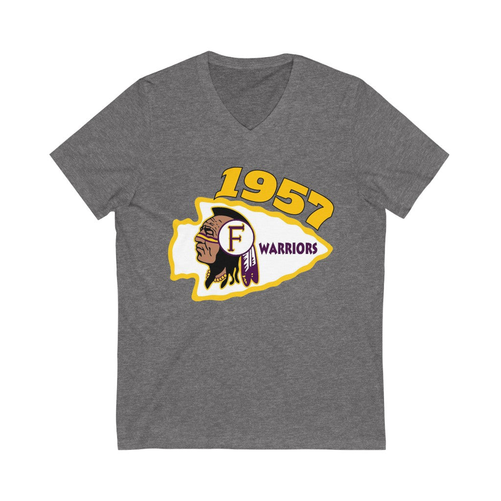 1957 Fresno High Warriors Top Side - Unisex Jersey Short Sleeve V-Neck Tee