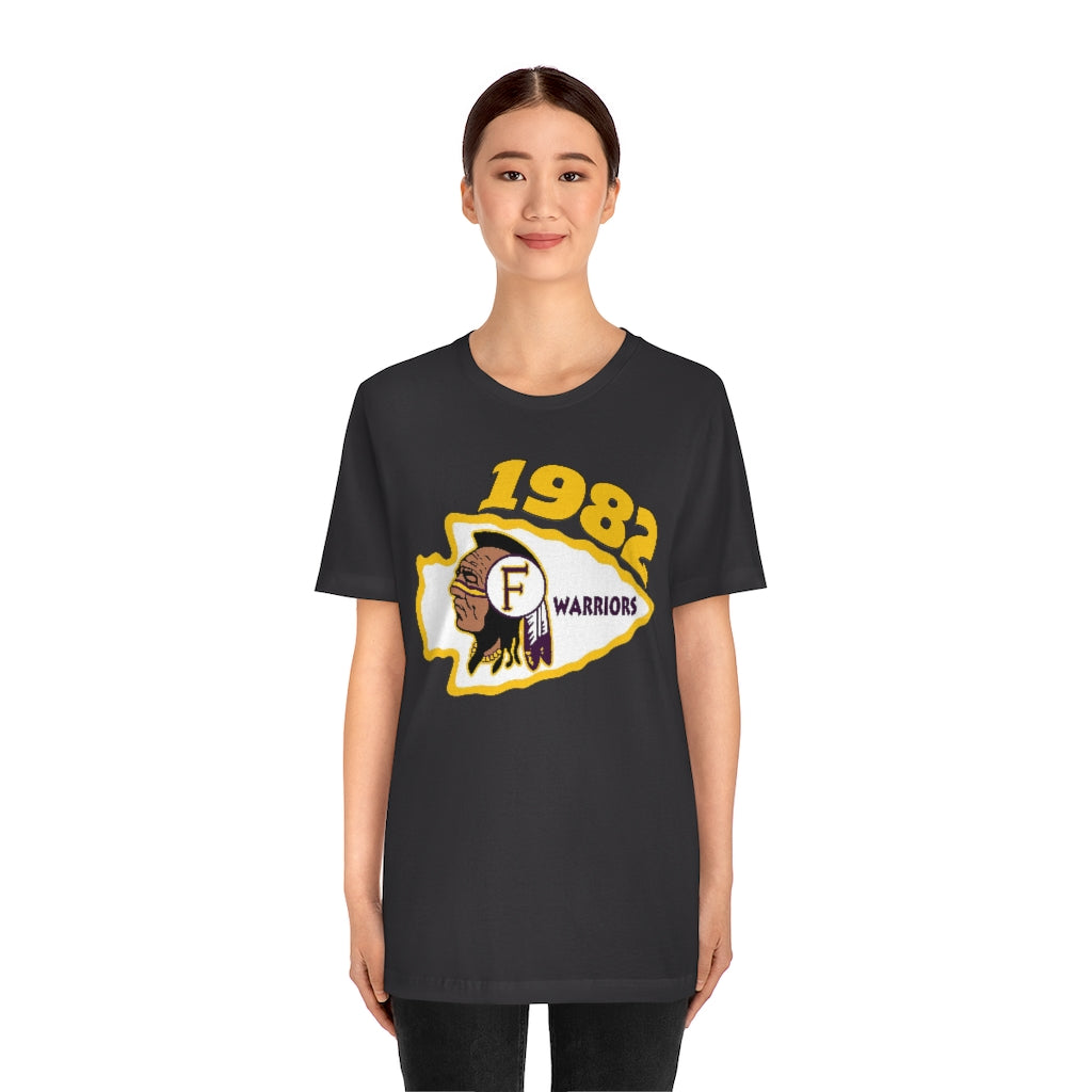 1982 Fresno High School Tomahawk Logo Top Side - Unisex Jersey Short Sleeve Tee