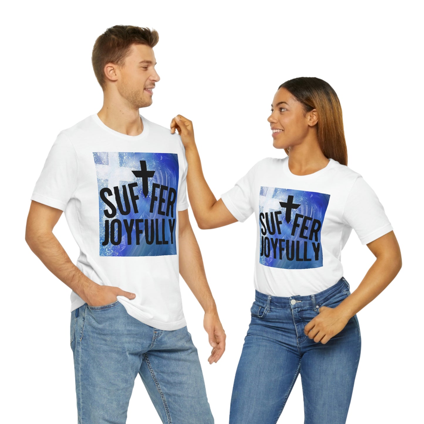 Suffer Joyfully w/background - Unisex Jersey Short Sleeve Tee