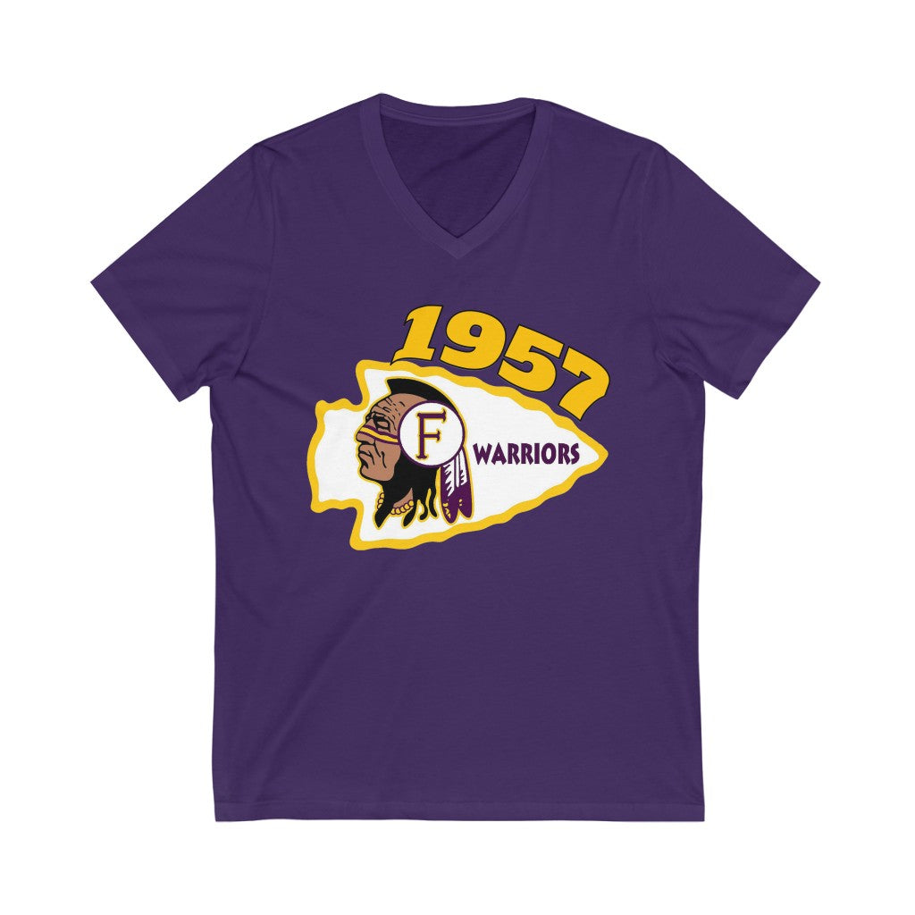 1957 Fresno High Warriors Top Side - Unisex Jersey Short Sleeve V-Neck Tee