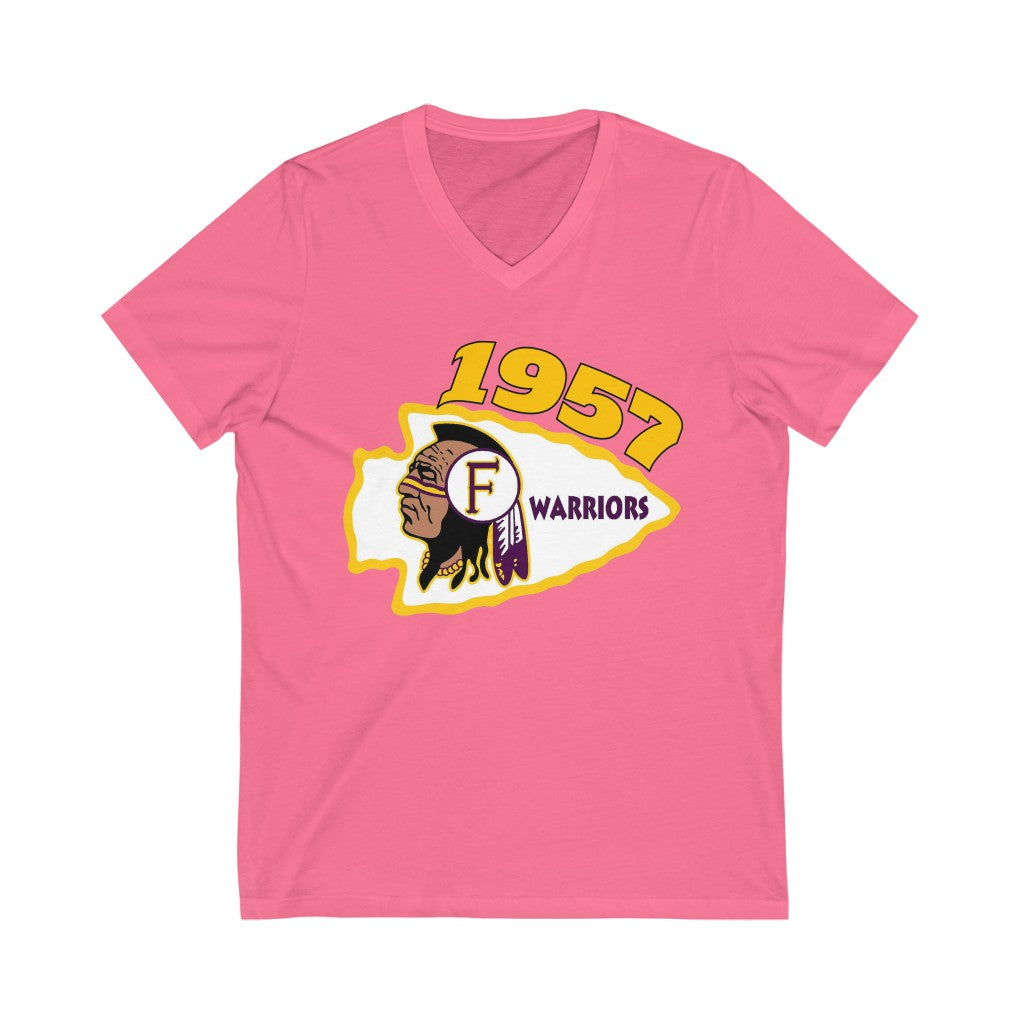 1957 Fresno High Warriors Top Side - Unisex Jersey Short Sleeve V-Neck Tee